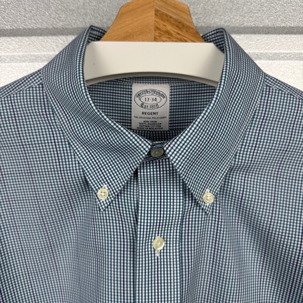 Brooks Brothers Regent Non-Iron Supima Cotton Blue Gingham Dress Shirt 17-34